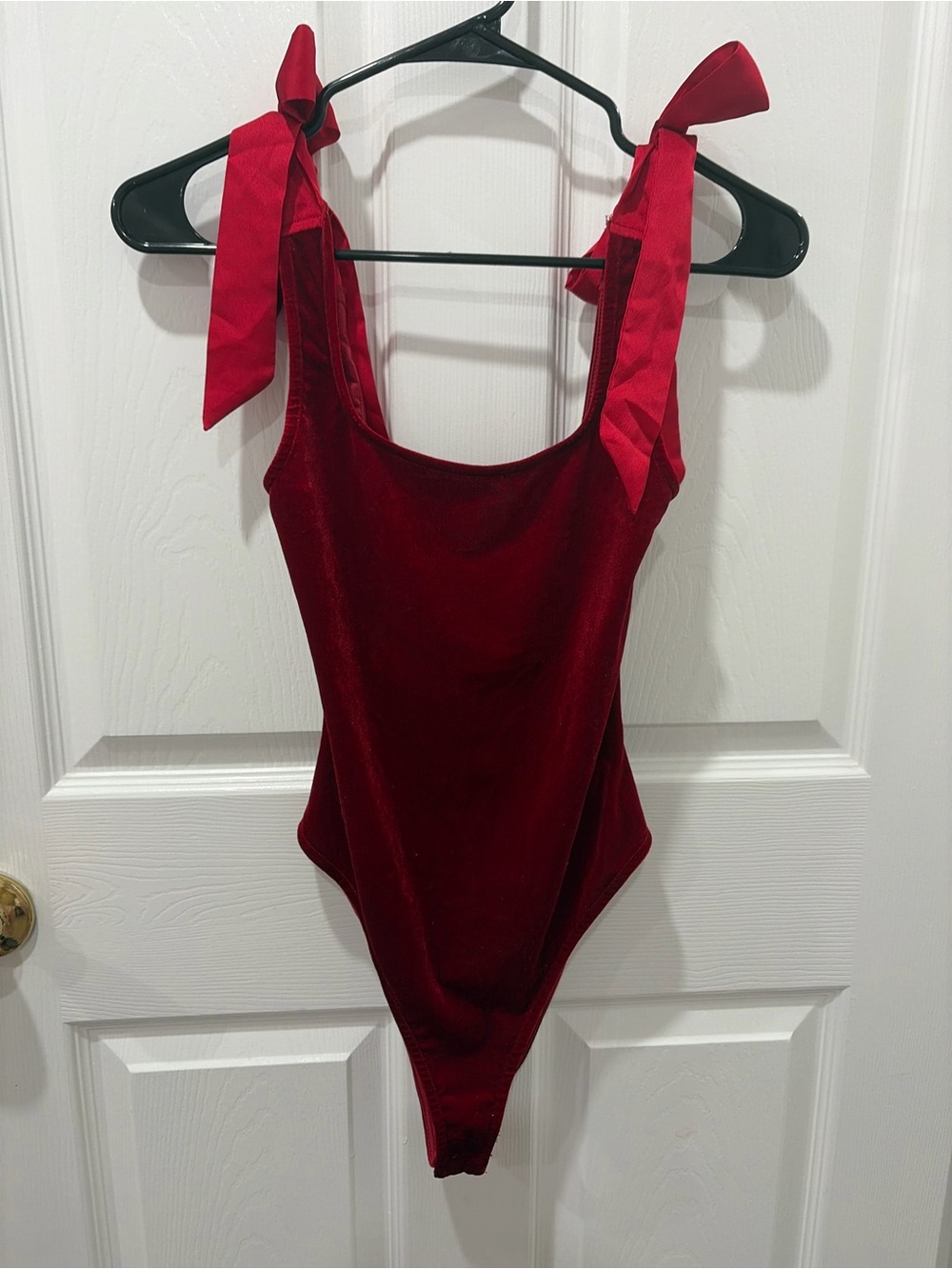 Day + Moon Red Velvet Tie-Shoulder Bodysuit